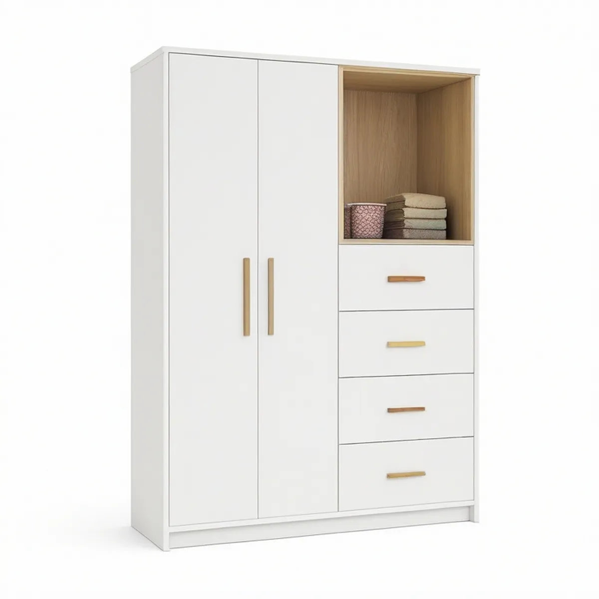 Šatní skříň se 2 dveřmi, 4 zásuvkami a otevřeným úložným prostorem, bílá/světlý dub, 120 × 52 × 200 cm