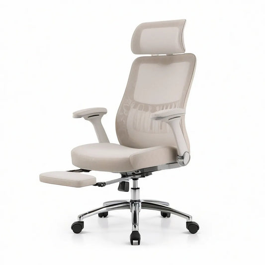 Ergonomická kancelářská židle s výsuvnou opěrkou nohou a hlavovou opěrkou, 65 × 65 × 118–128 cm, béžová
